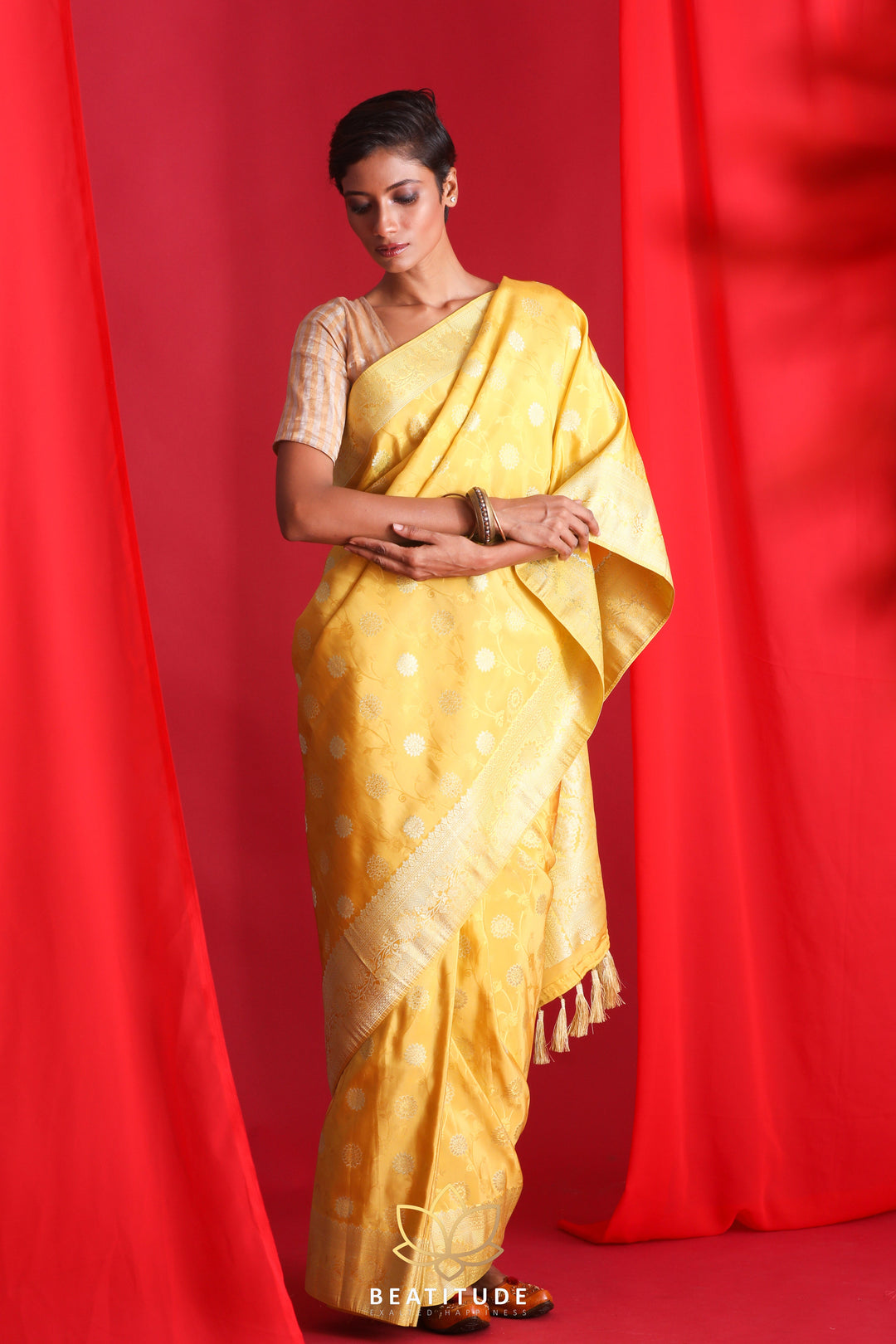 Beatitude Yellow Banarasi Saree with Unstitched Blouse