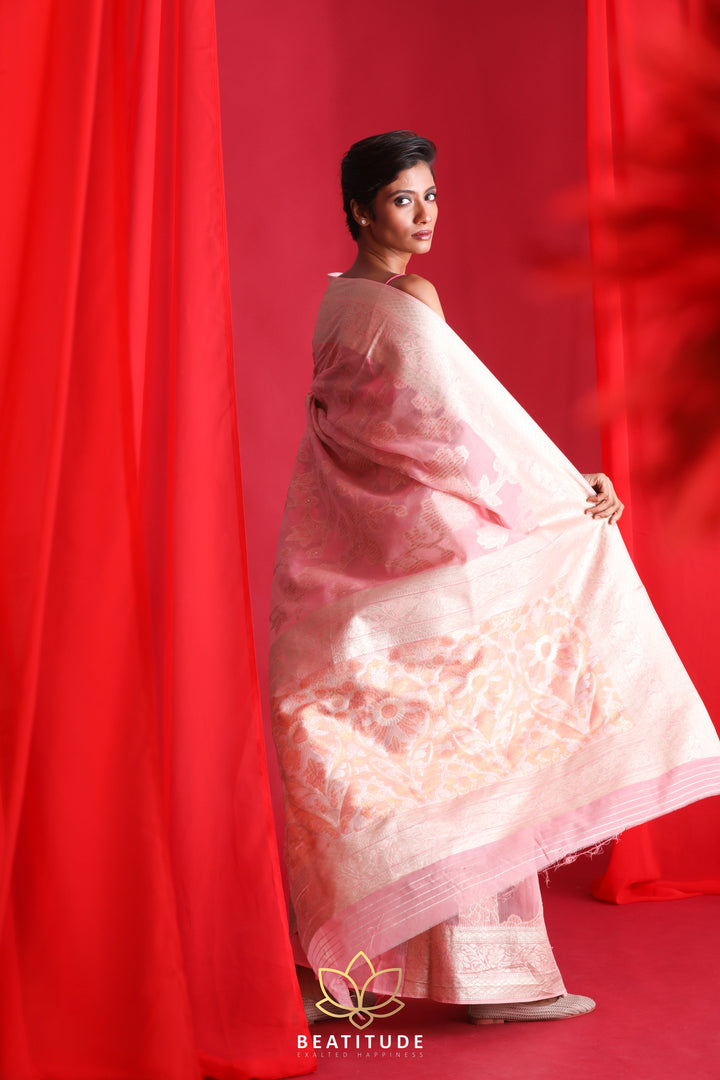 Beatitude Pink Woven Banarasi Saree with Unstitched Blouse