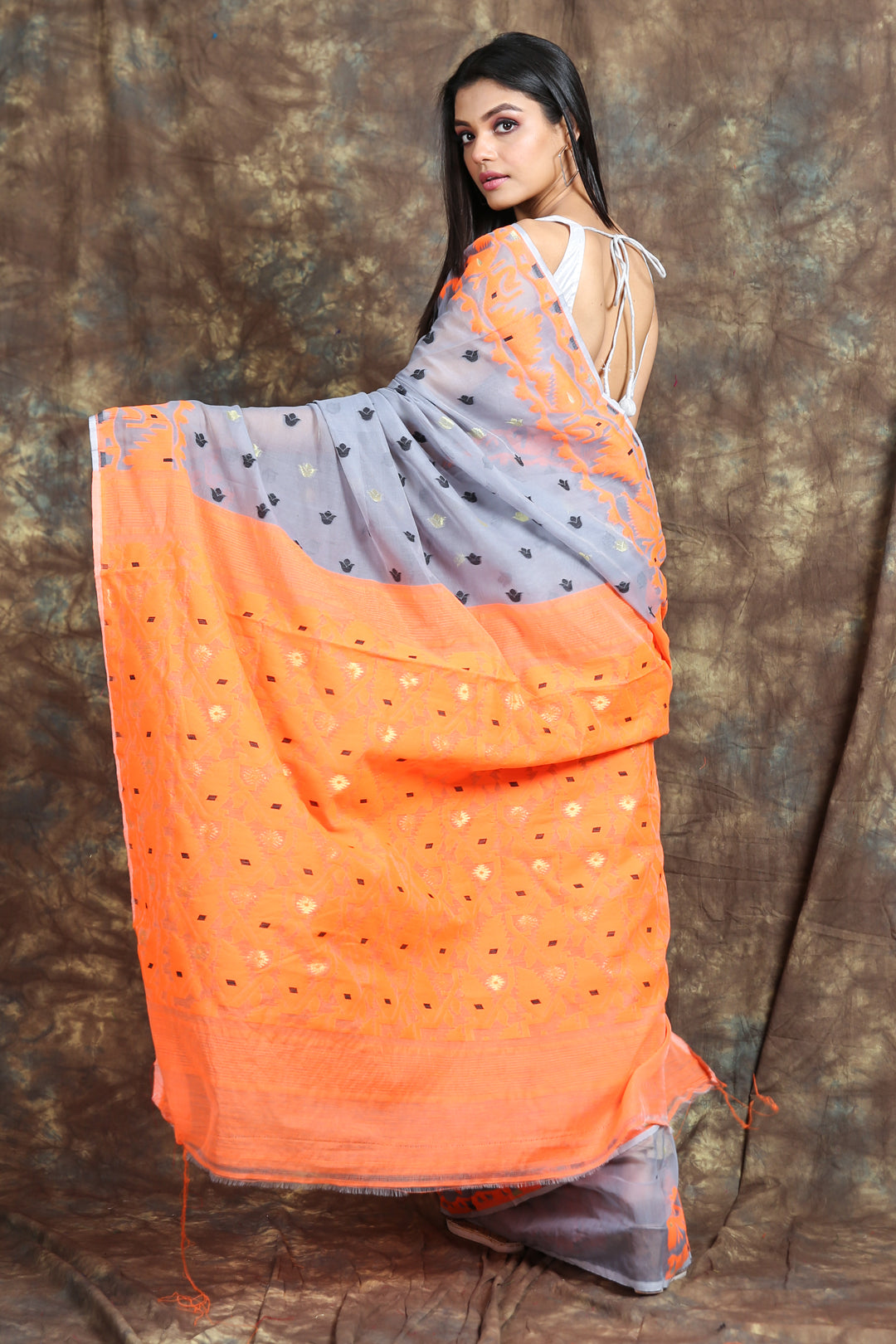 Allover Butta Weaving Steel Grey Jamdani Saree freeshipping - Charukriti