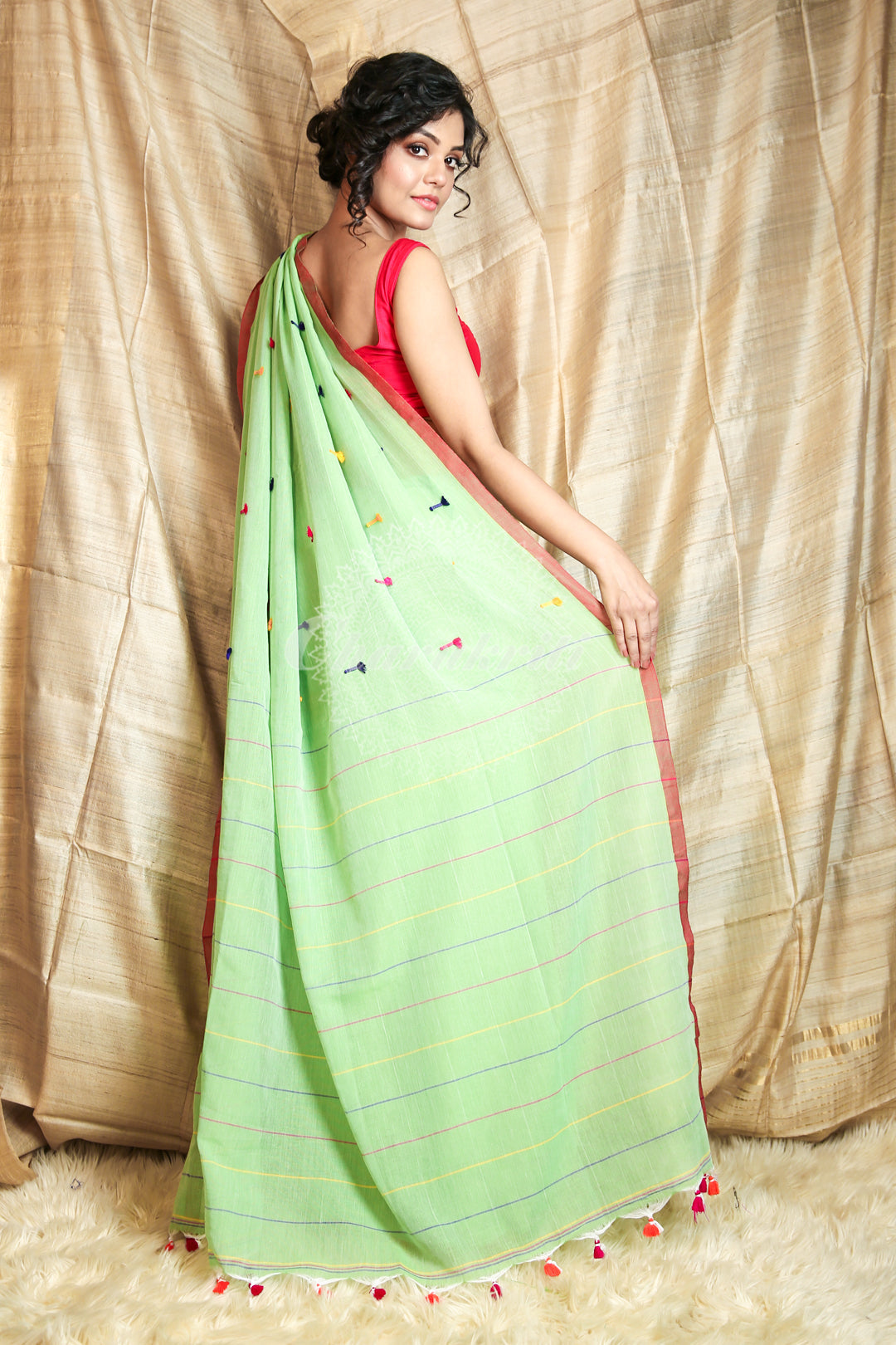Light Green Cotton Handloom With Thread Buti Work freeshipping - Charukriti