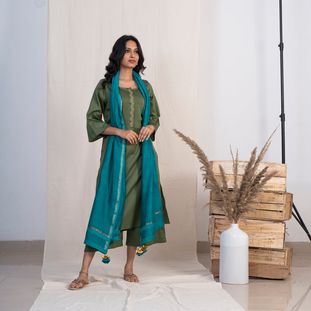 Akiso Green Round Neck With Pintucks With Palazzo And Blue Dupatta (Set of 3)
