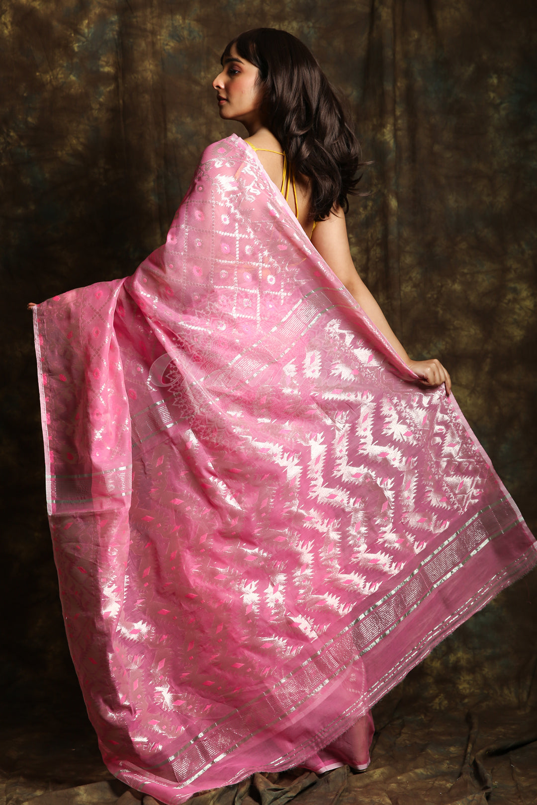 This Baby Pink Jamdani Saree By Charukriti Is Crafted In Cotton And Features Silver Zari Minakari Weaving Details All Over - charukriti.co.in