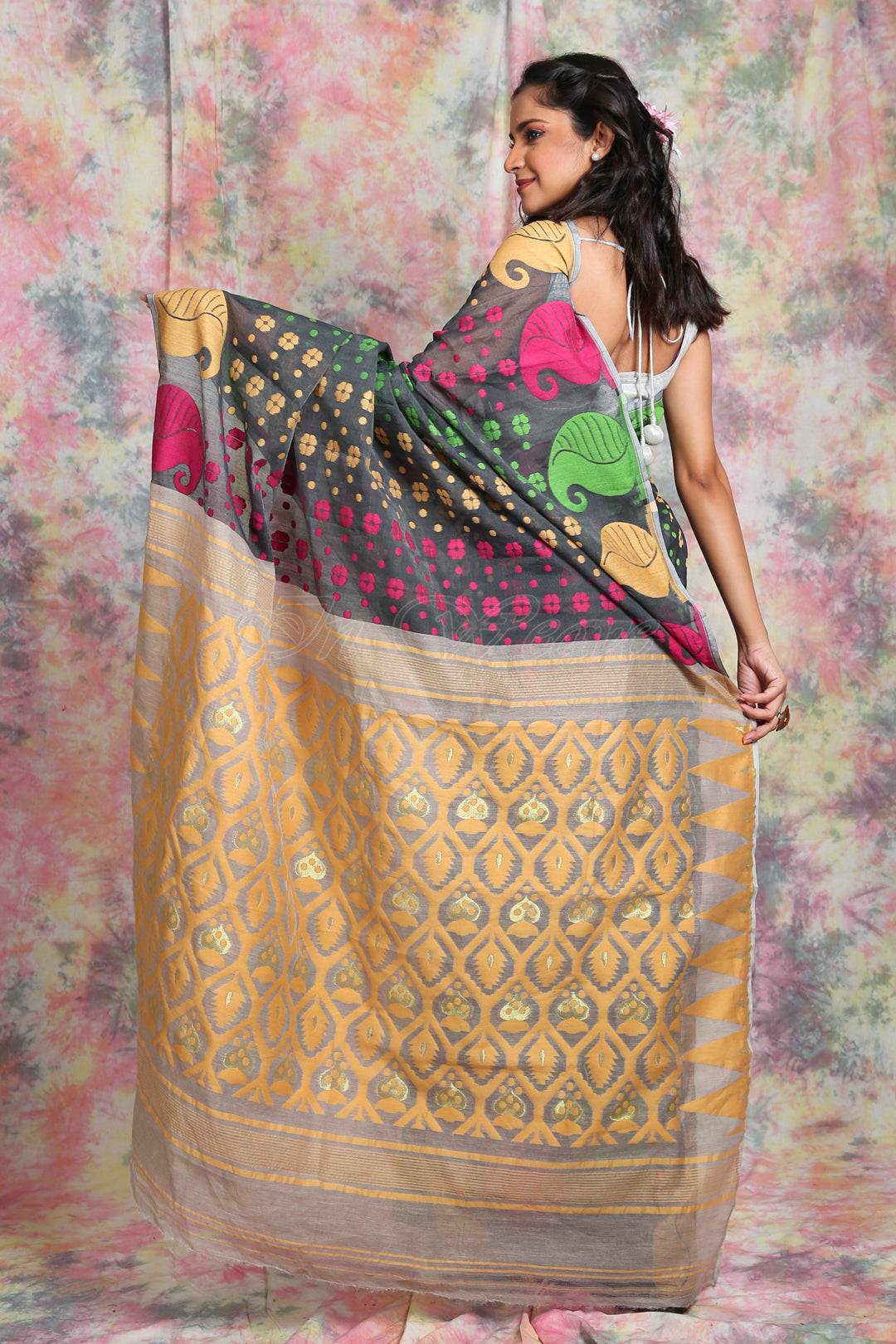 "Grey Kalka Design Jamdani saree with all over work " freeshipping - Charukriti