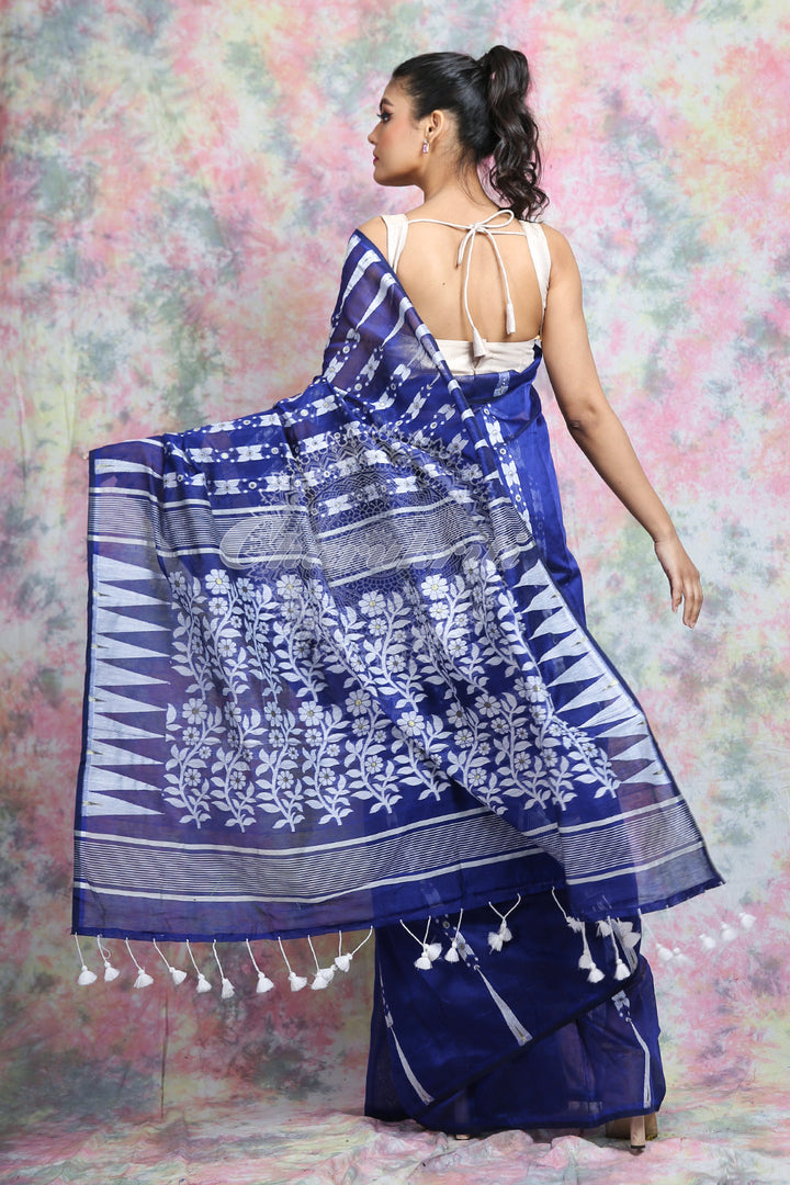 Blue Jamdani With White Thread Weaving Saree And Jhumka Pompom freeshipping - Charukriti