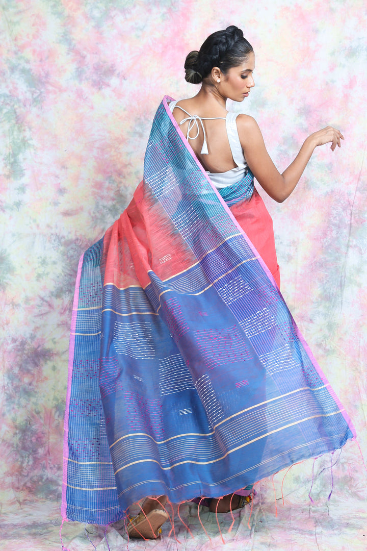 Peach & Light Blue Handloom Saree freeshipping - Charukriti