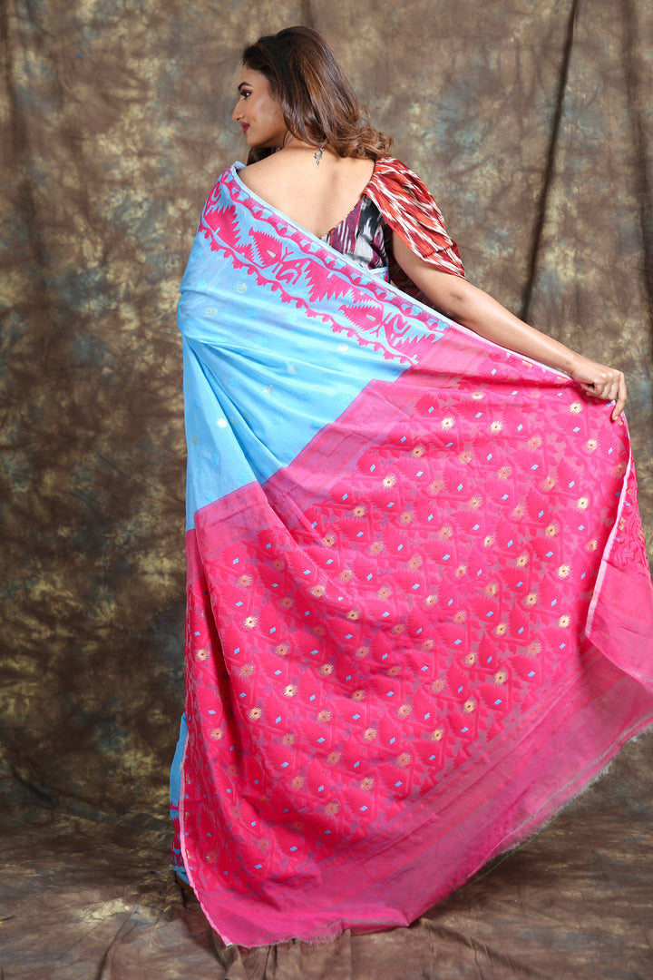 Allover Butta Weaving Sky Blue Jamdani Saree freeshipping - Charukriti