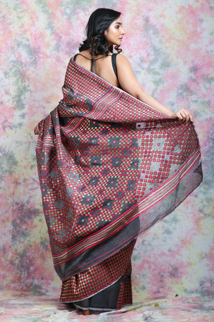 Geometrics Weaving Grey Jamdani Saree freeshipping - Charukriti