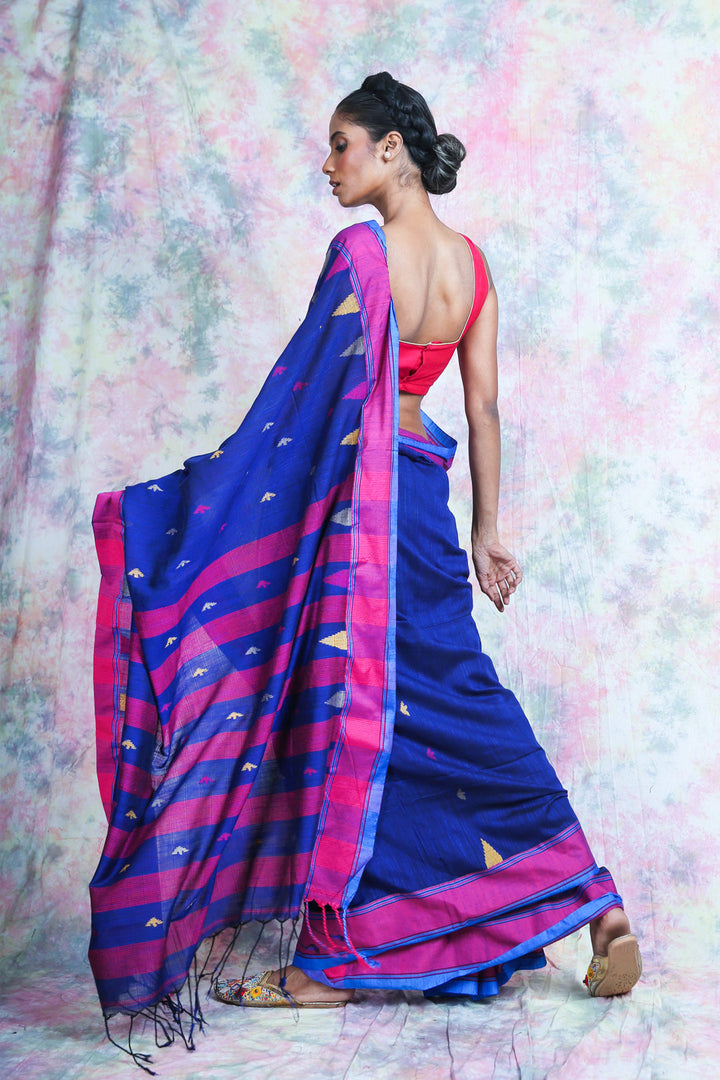 Temple Design Weaving Blue Handloom Saree freeshipping - Charukriti