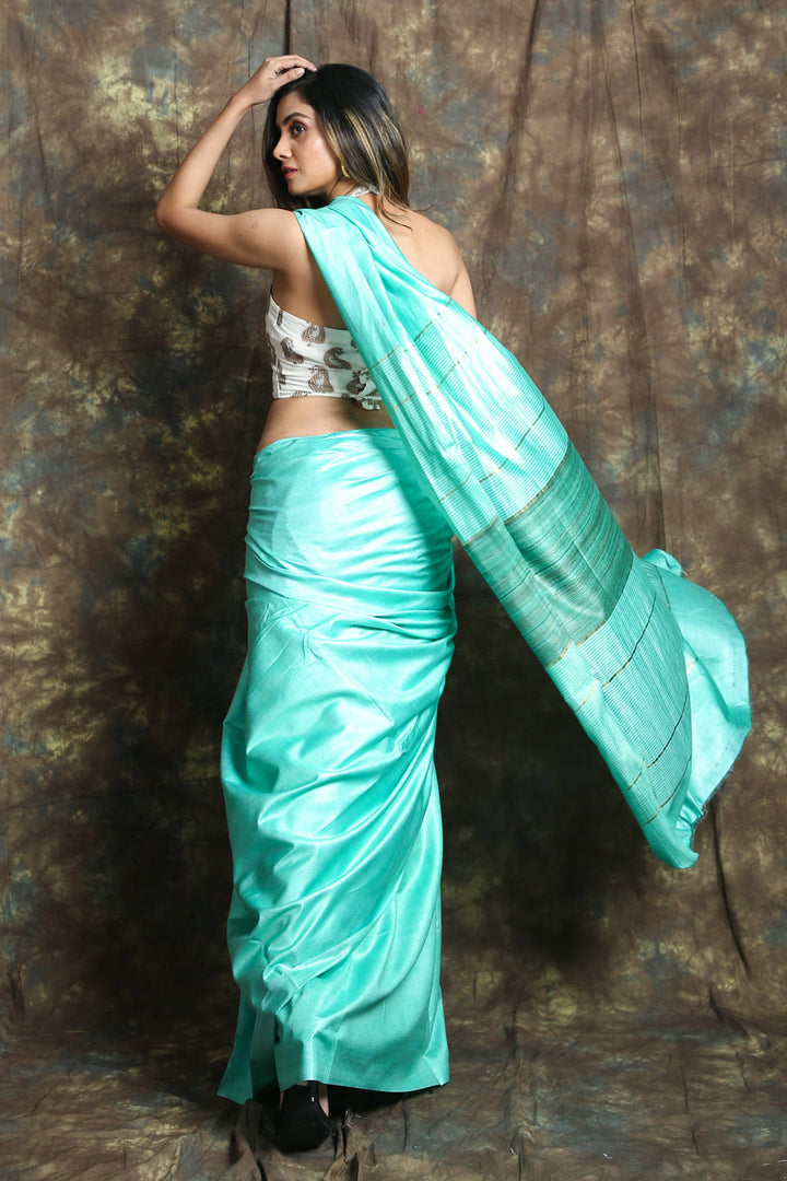 Aqua Teal Gheecha Saree freeshipping - Charukriti