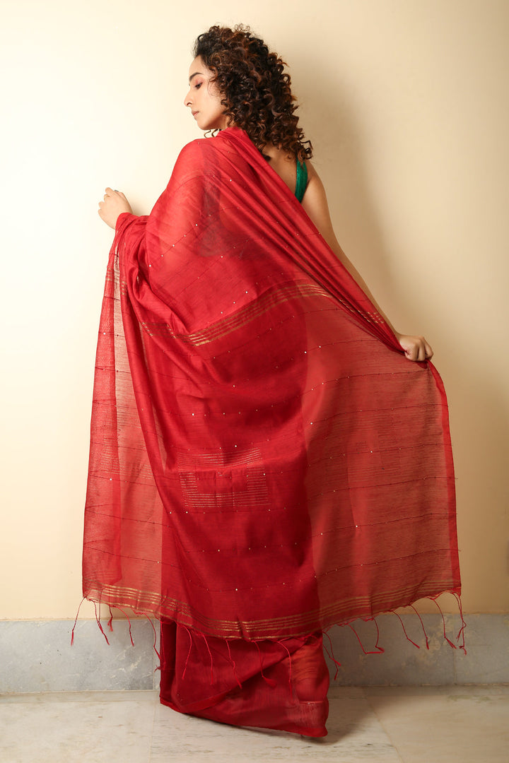 Red sequence handloom Saree freeshipping - Charukriti