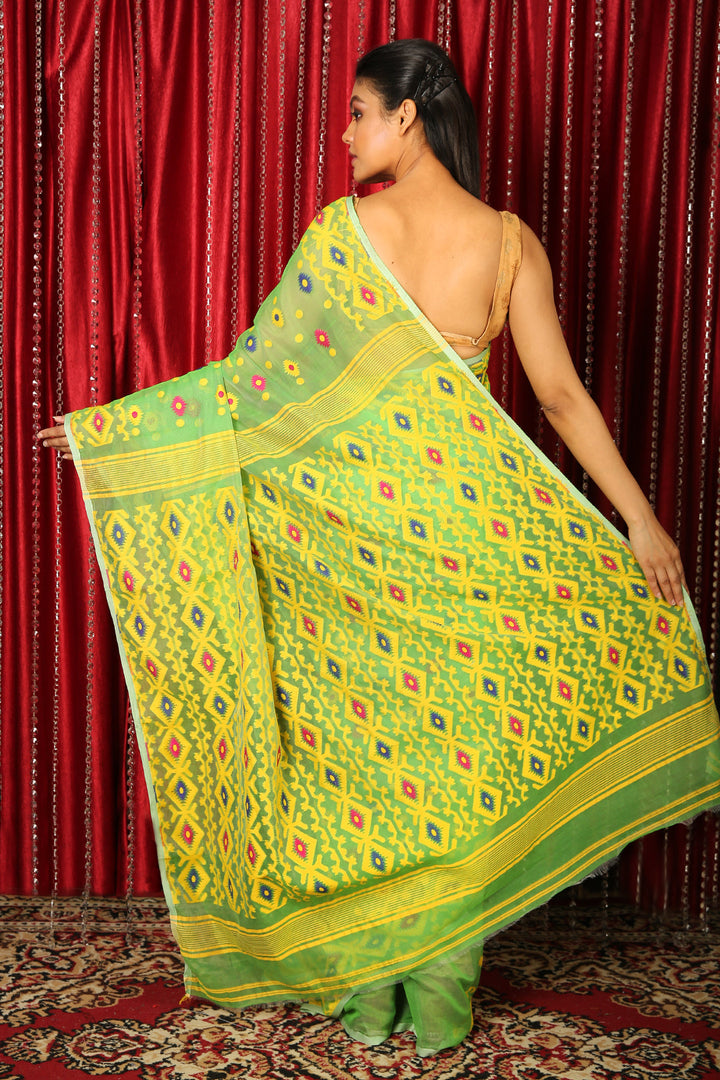 Light Green Jamdani Saree With Thread Weaving freeshipping - Charukriti