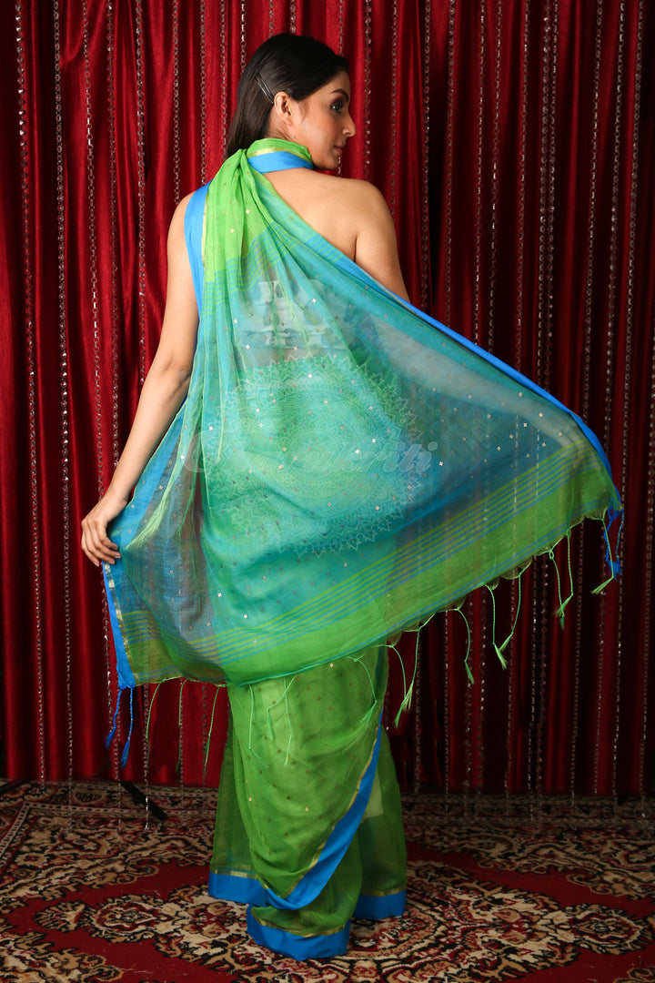 Light Green Resham Saree With All Over Sequin Design And Sky Blue Pallu freeshipping - Charukriti