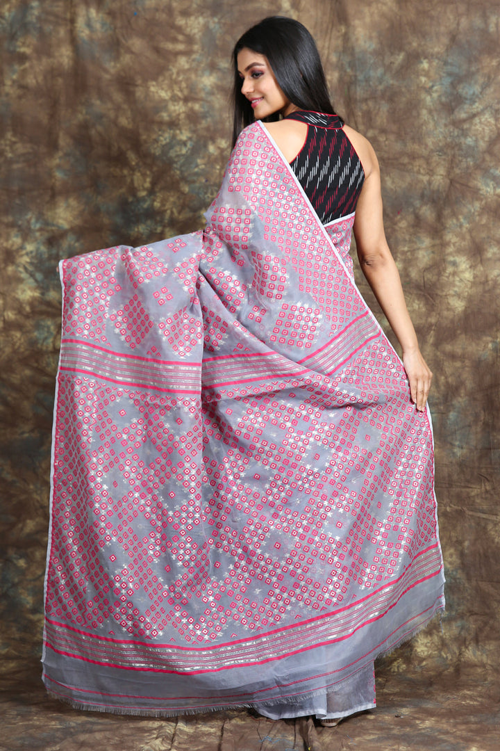 Geometrics Weaving Steel Grey Jamdani Saree freeshipping - Charukriti