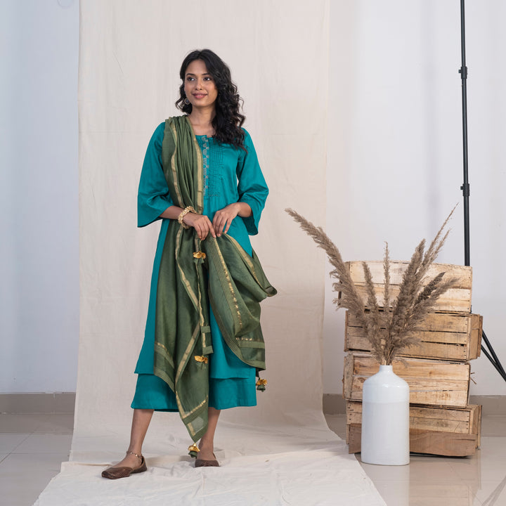Akiso Blue Round Neck With Pintucks With Palazzo And Green Dupatta (Set of 3)
