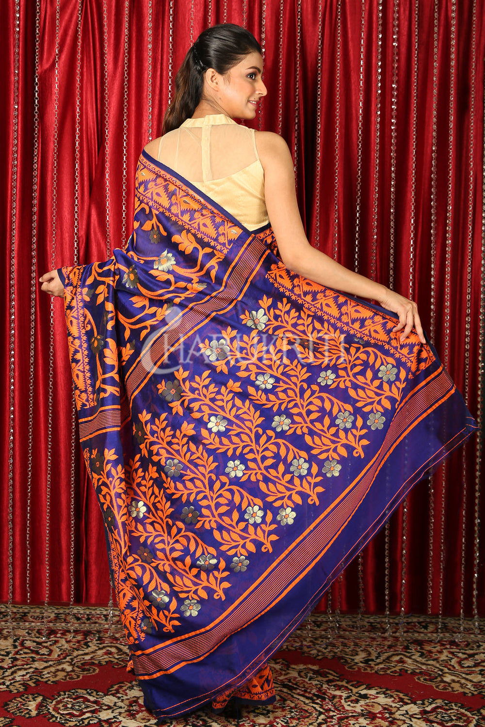 Blue Jamdani Saree With Orange Thread Weaving freeshipping - Charukriti