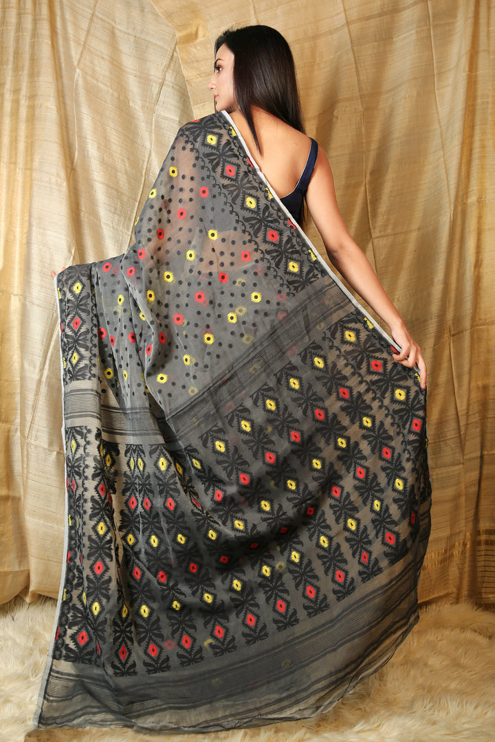 Grey Jamdani Saree With All Over Multicolor Weaving freeshipping - Charukriti