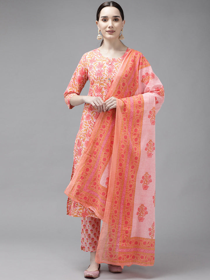 Peach Printed Cotton Dupatta Set Yufta Store