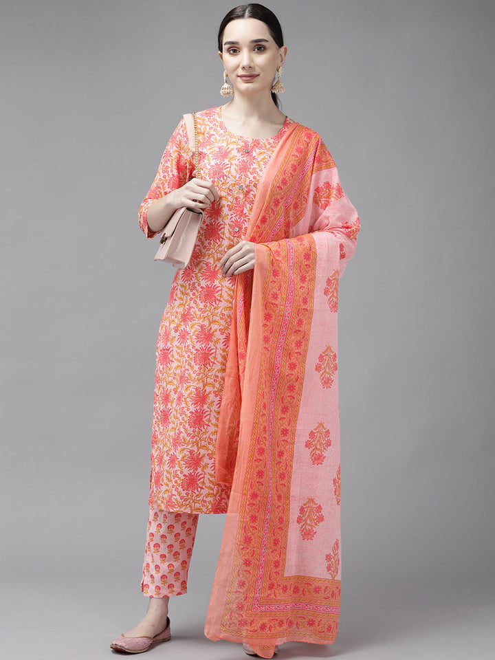 Peach Printed Cotton Dupatta Set Yufta Store