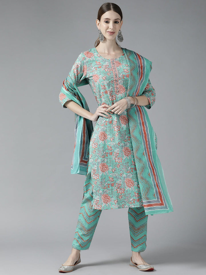 Turquoise Blue Printed Cotton Dupatta Set Yufta Store