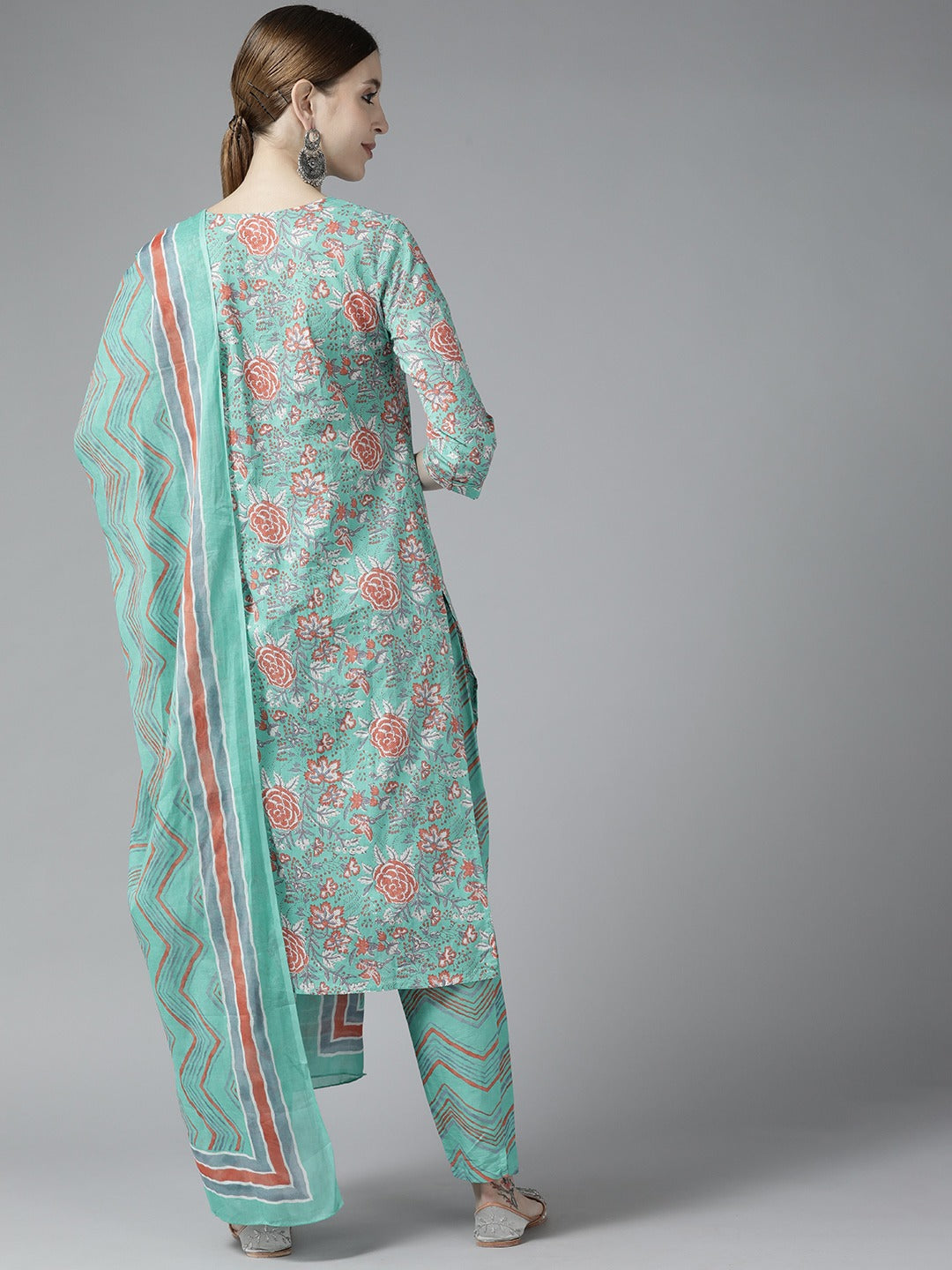 Turquoise Blue Printed Cotton Dupatta Set Yufta Store