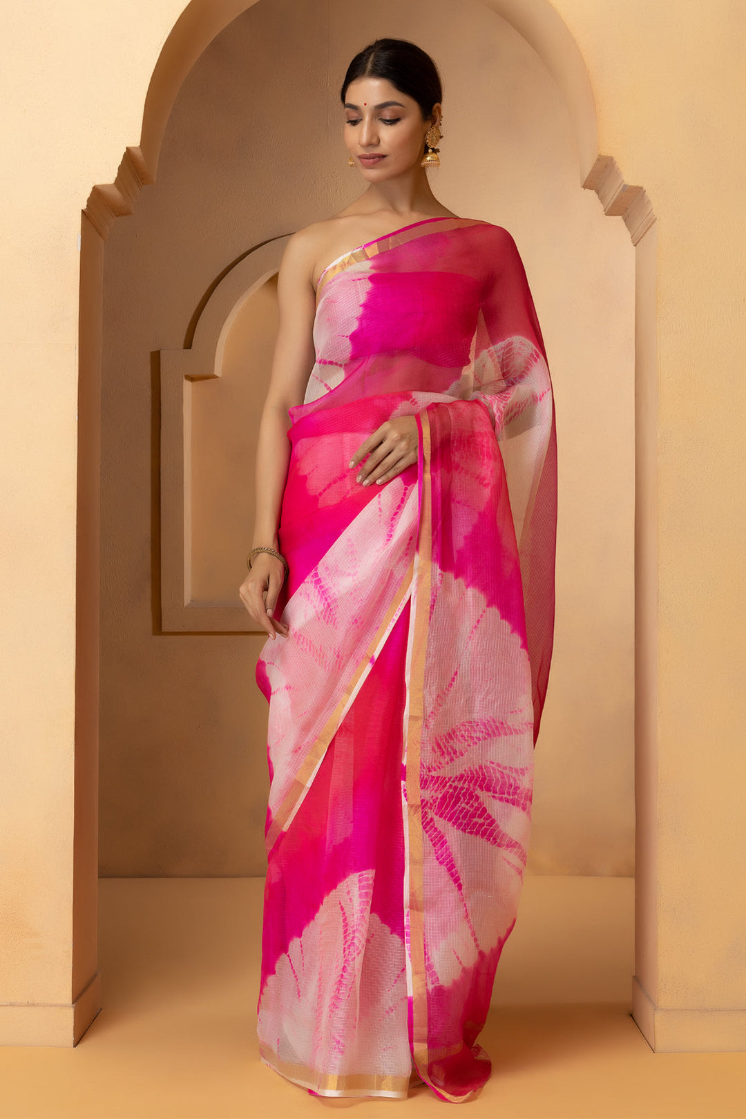 Pink & White Handcrafted Shibori Pure Kota Silk Saree - Geroo Jaipur
