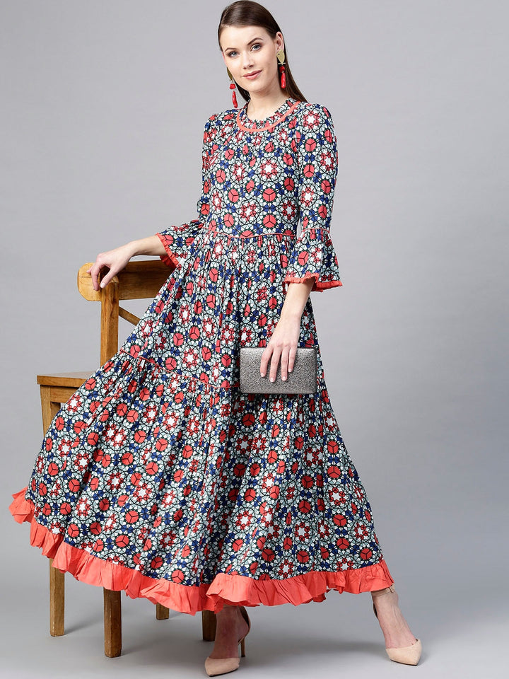 Blue & Coral Printed Kurta Yufta