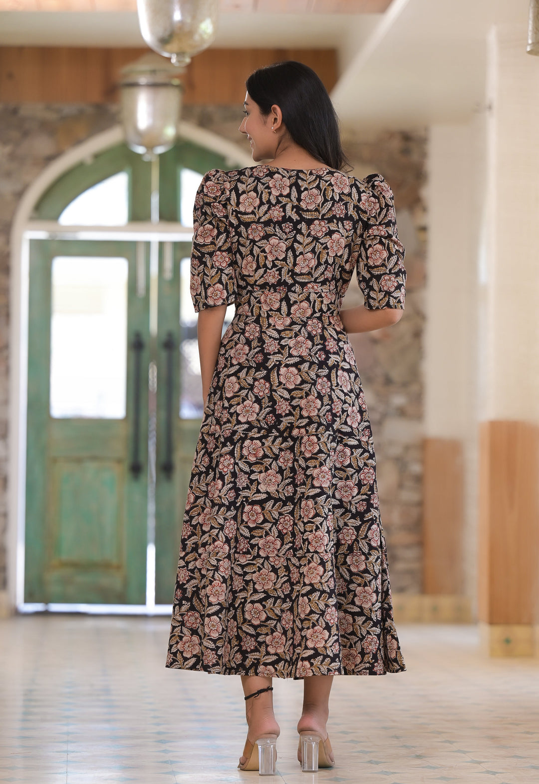 Black Floral Hand Block Cotton Dress