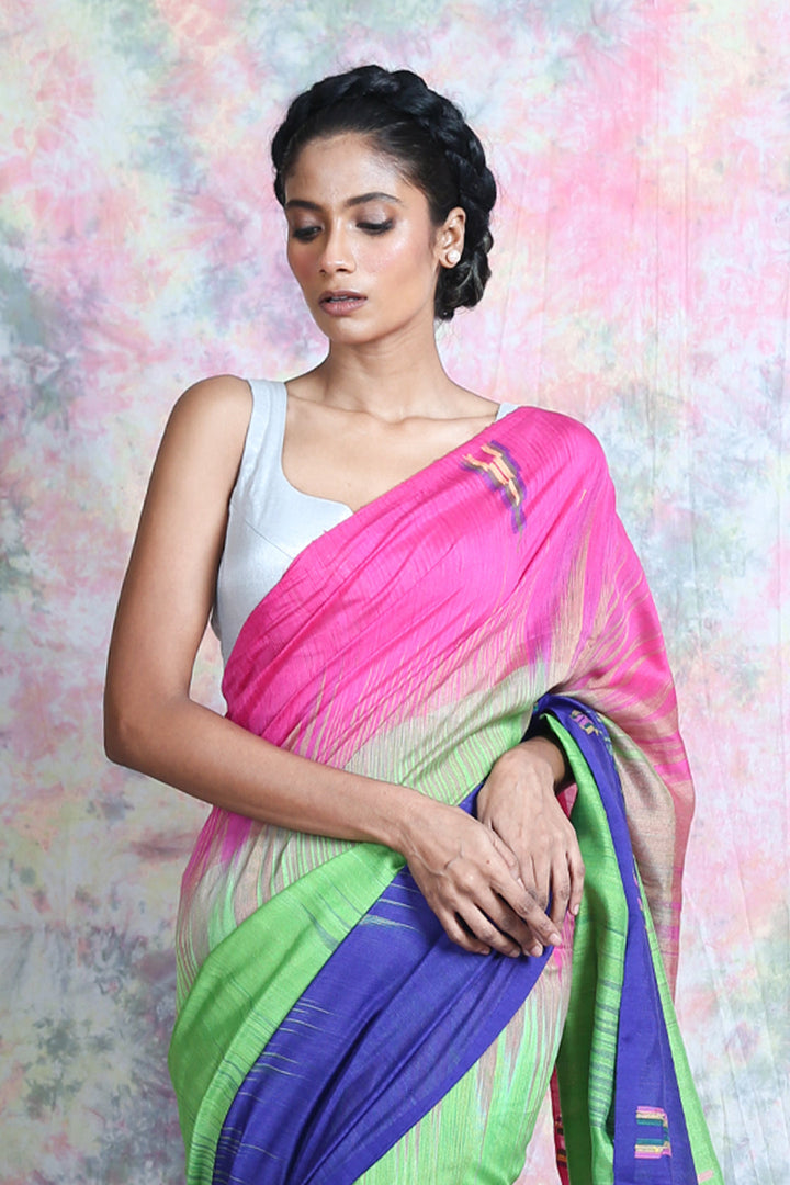 Green Temple Design Ikkat Handloom Saree freeshipping - Charukriti