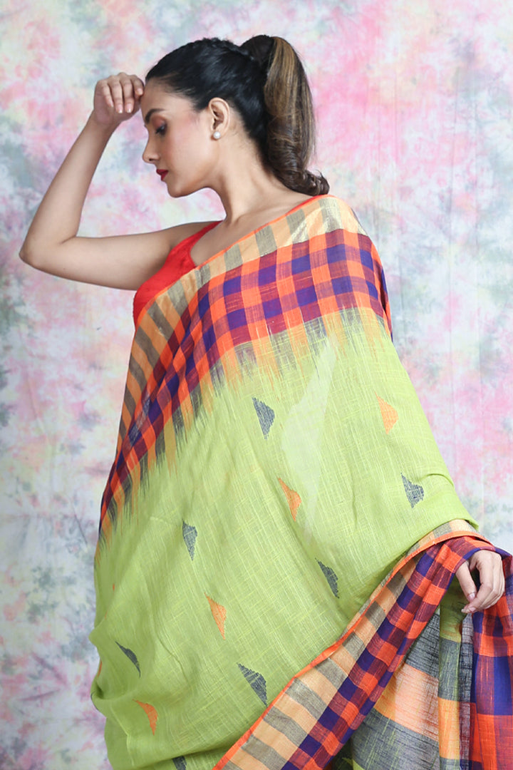 Checkered Design Green Handloom Saree freeshipping - Charukriti