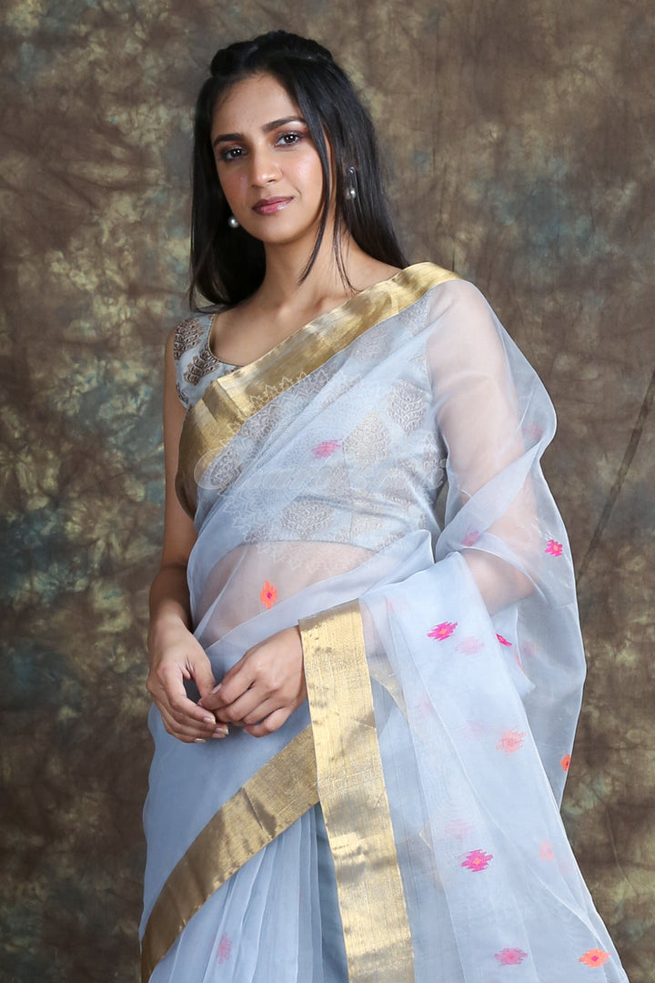 Steel Grey Muslin Saree With Allover Butta freeshipping - Charukriti