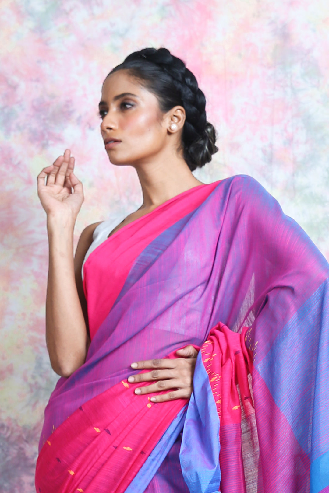 Pink & Blue Cotton Saree With Geometrics Pallu freeshipping - Charukriti