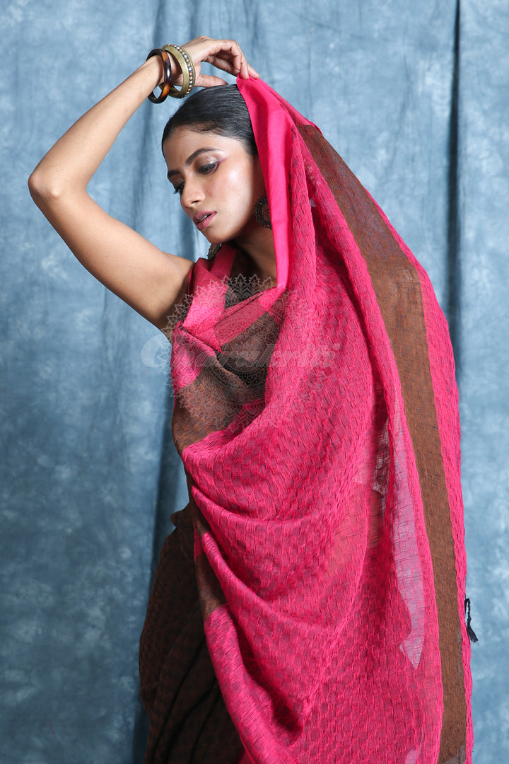 Brown Handloom Saree with Allover Texture Weaving freeshipping - Charukriti