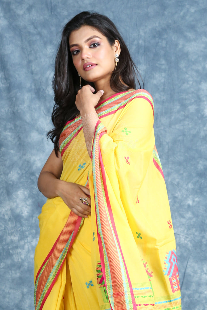 Yellow Cotton Saree With Thread Work Border & Pallu freeshipping - Charukriti