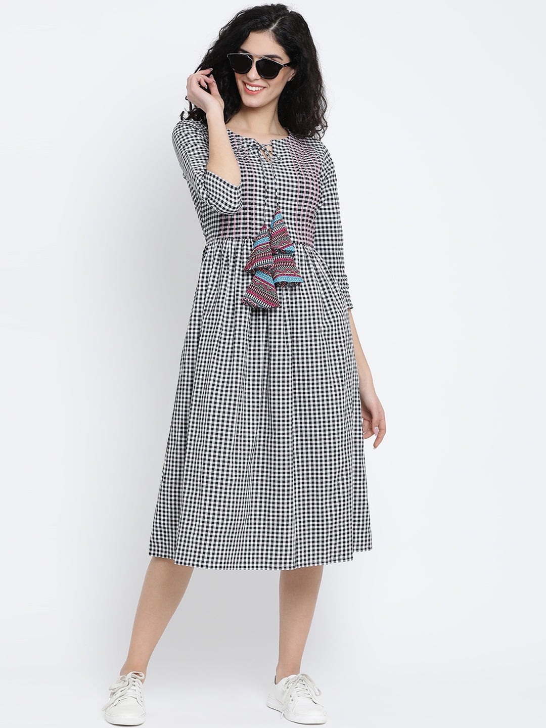 Black and White Check Cotton Dress With Pintucks, Top Stitch and Colourful Tassles-Dresses-Fabnest