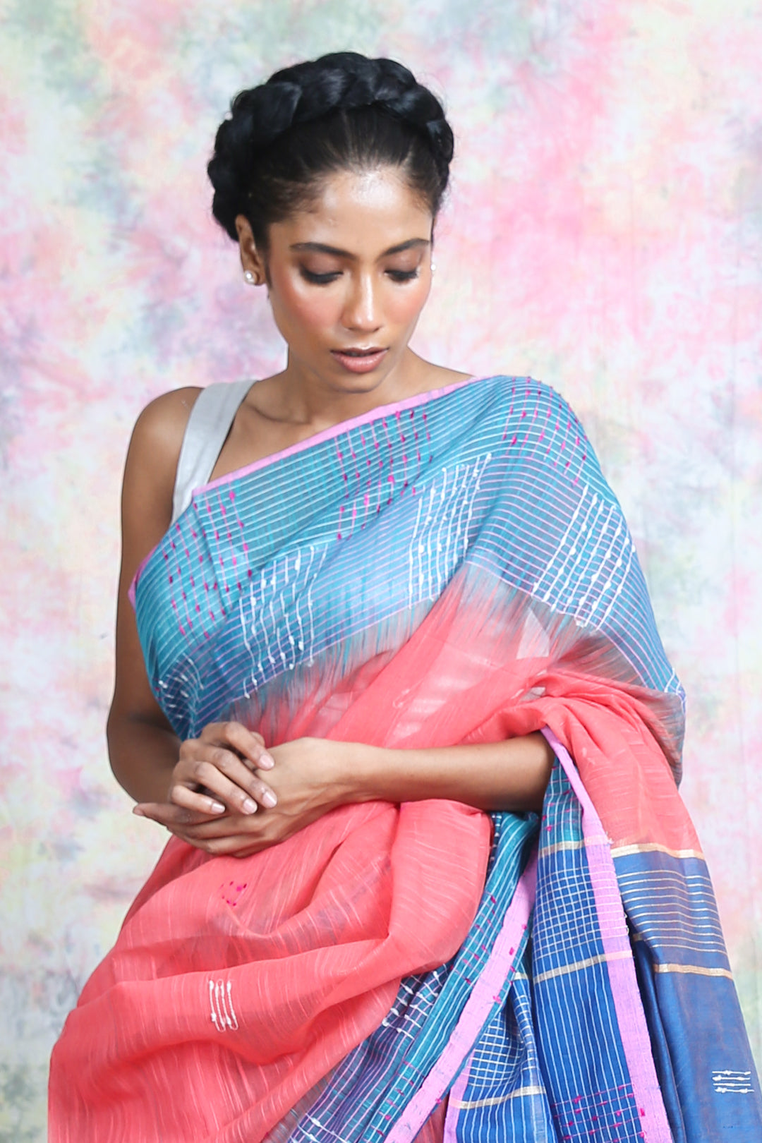 Peach & Light Blue Handloom Saree freeshipping - Charukriti