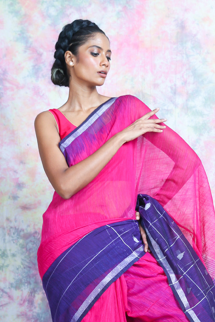 Pink & Blue Handloom Saree With Silver Zari Check freeshipping - Charukriti
