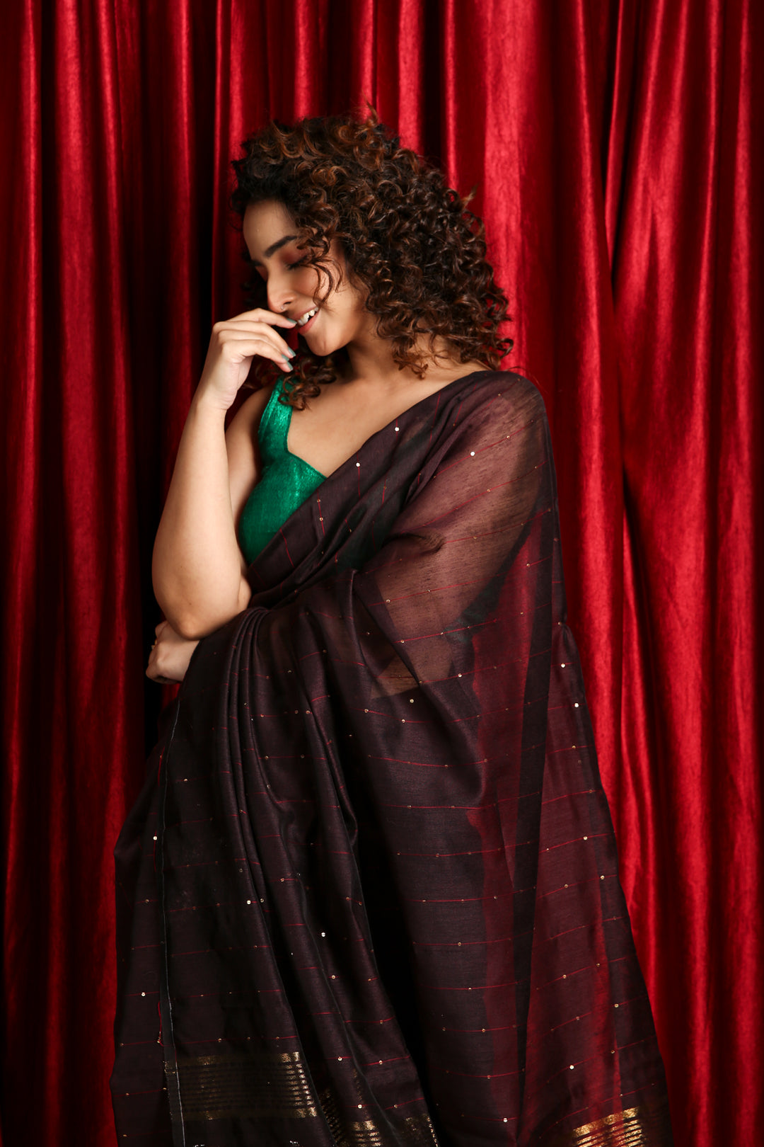 Brown Sequence Handloom Saree with Rich Pallu - Charukriti.co.in