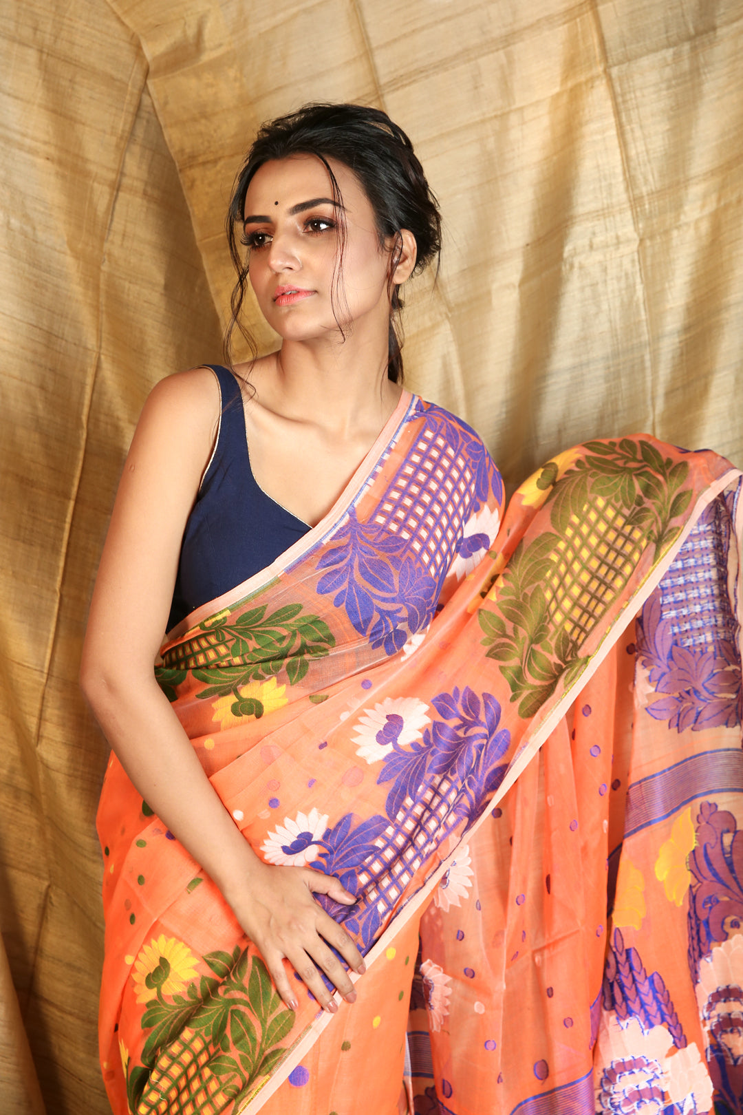 Orange All Over weaving Jamdani Saree freeshipping - Charukriti