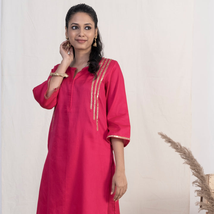 Akiso Pink Round With Front Slit Neck Kurta With Palazzo And Blue Dupatta (Set of 3)