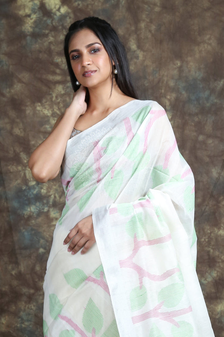 White Handloom Saree With Silver Zari Weaving freeshipping - Charukriti