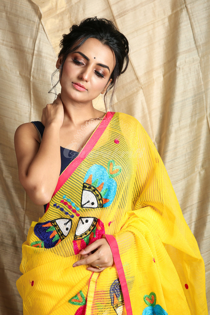 Yellow Handloom with All Over Embroidery Work freeshipping - Charukriti