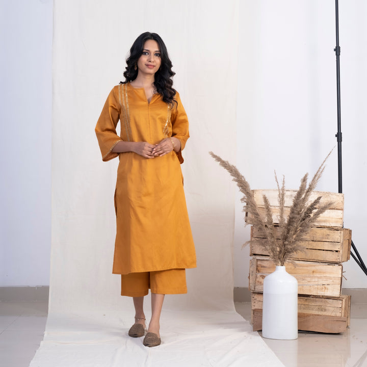Akiso Gold Round With Front Slit Neck Kurta With Palazzo (Set of 2)