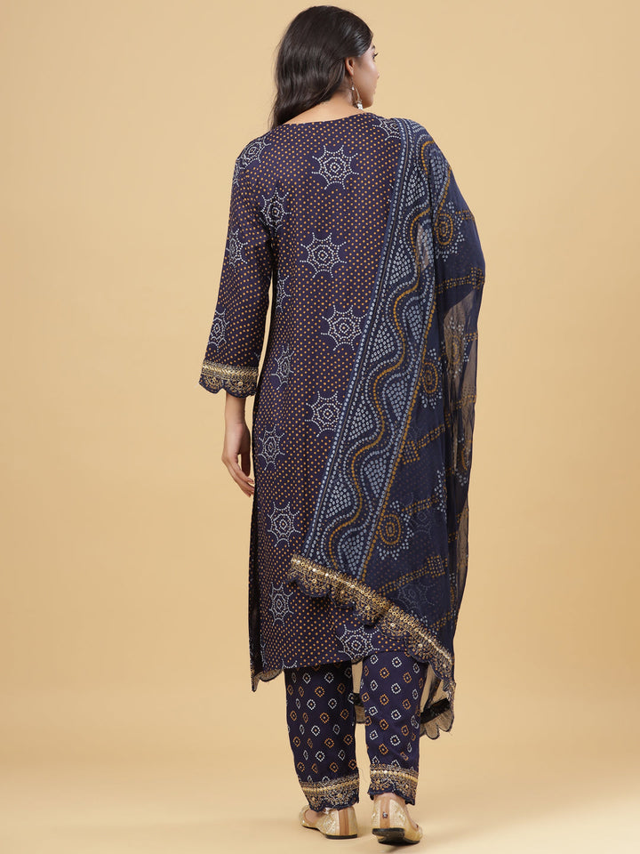 Juniper Women'S Navy Rayon Printed Straight Kurta Pant Dupatta Set