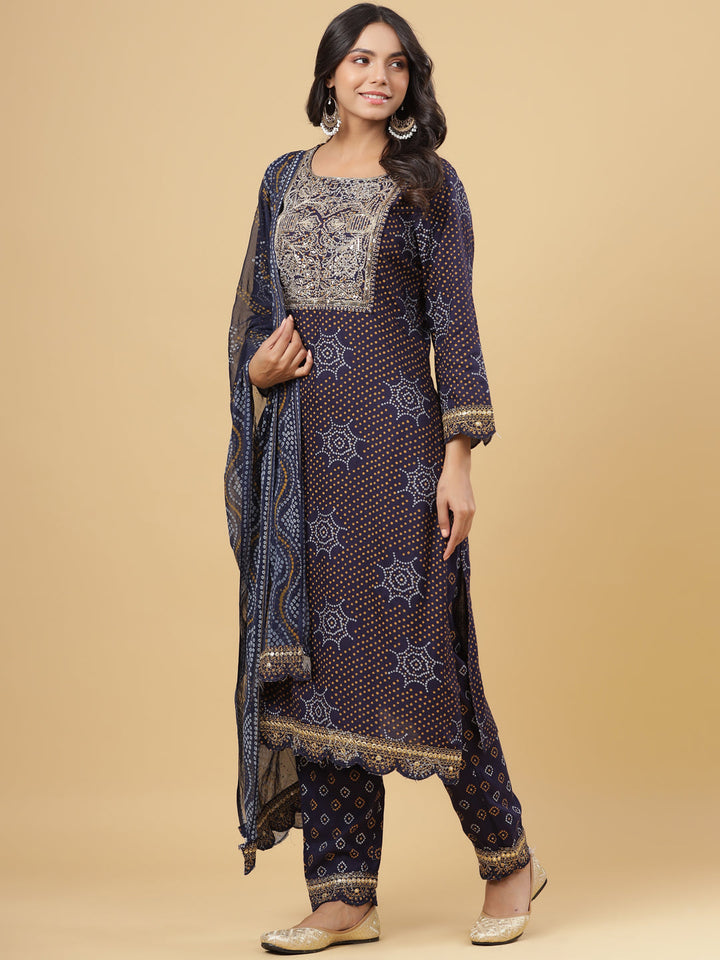 Juniper Women'S Navy Rayon Printed Straight Kurta Pant Dupatta Set