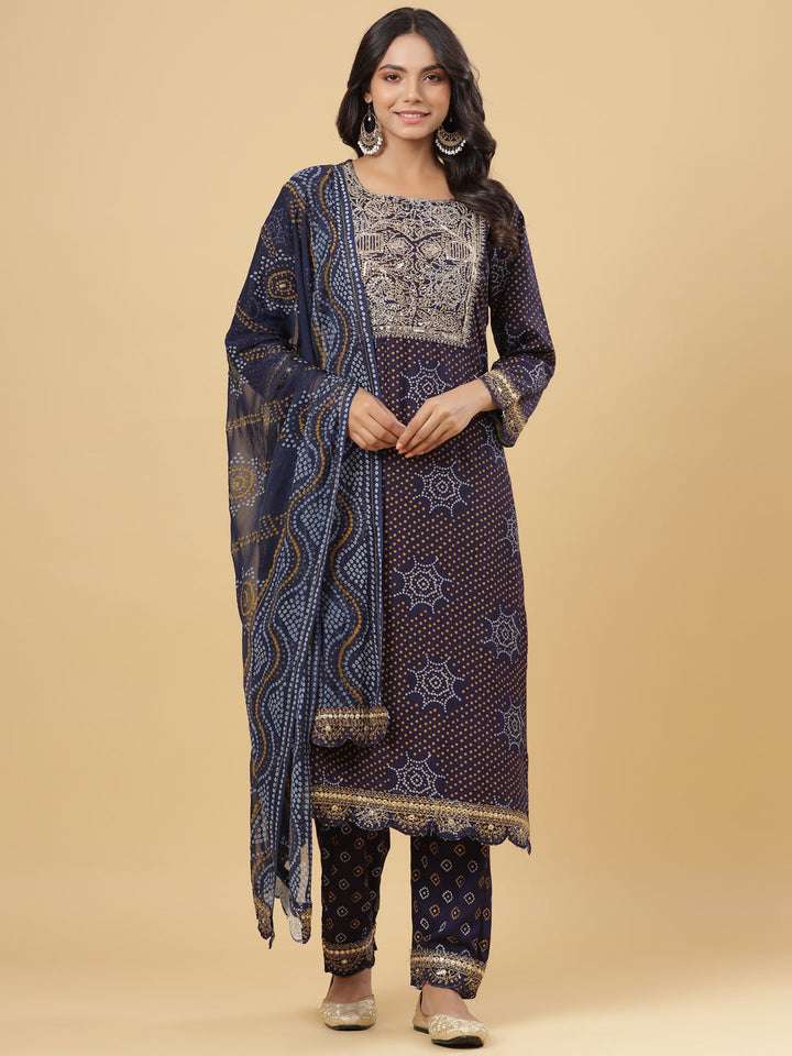 Juniper Women'S Navy Rayon Printed Straight Kurta Pant Dupatta Set