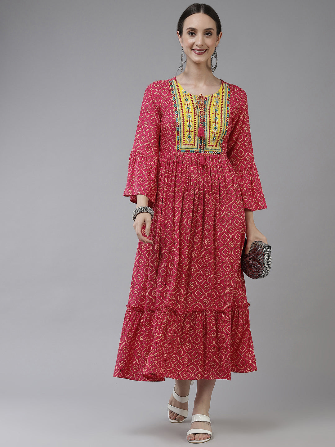 Pink & Yellow Ethnic Motifs Ethnic Dress Yufta Store