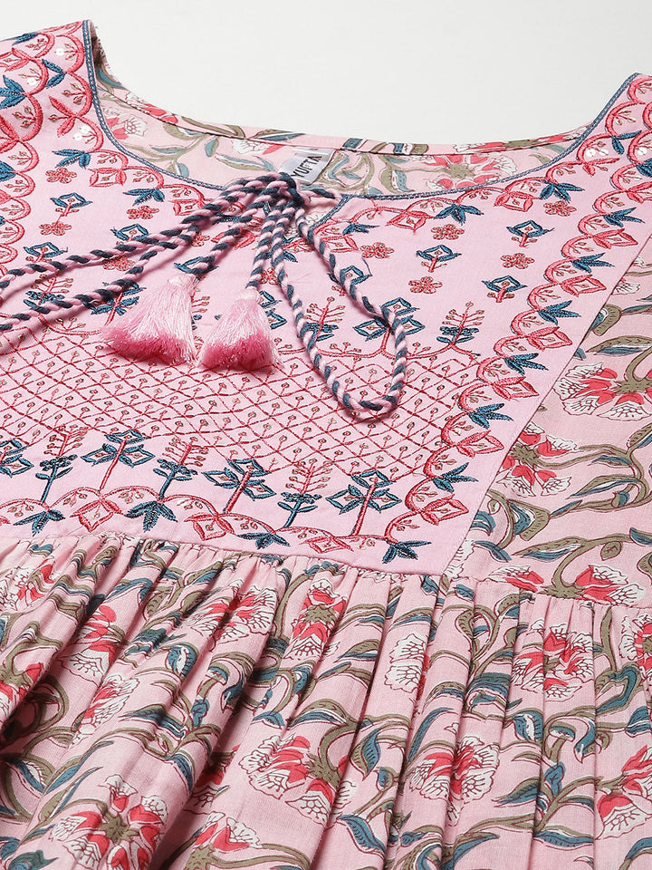 Pink & Grey Printed Ethnic Dress Yufta Store