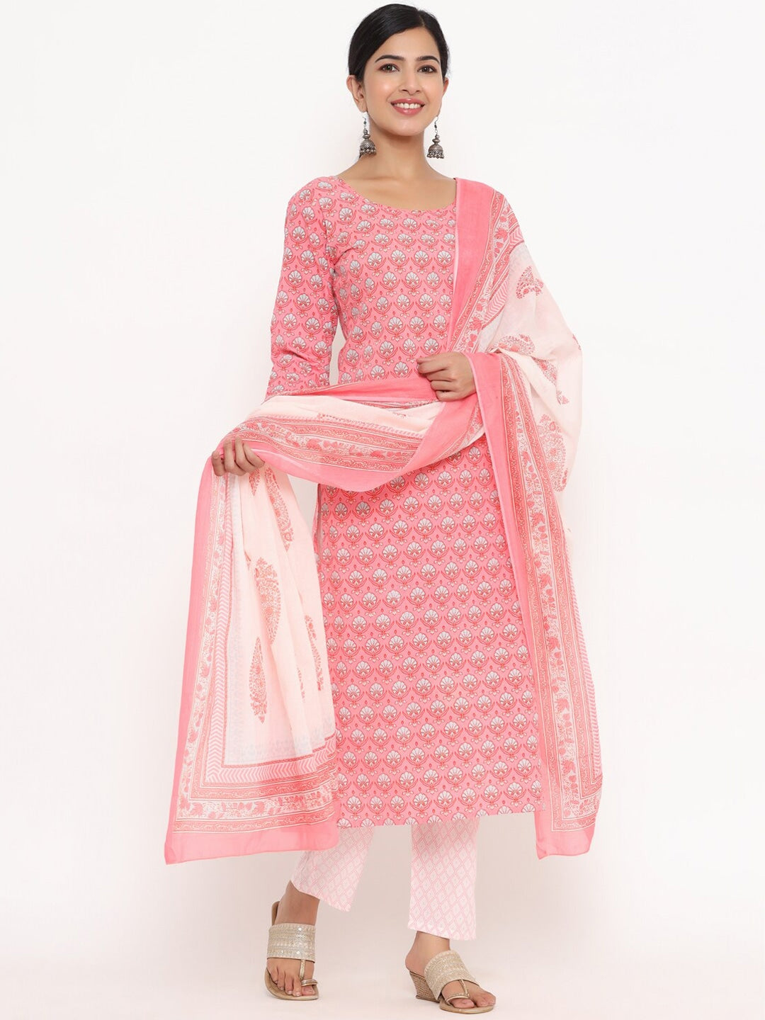 Peach Printed Pure Cotton Dupatta Set Yufta Store