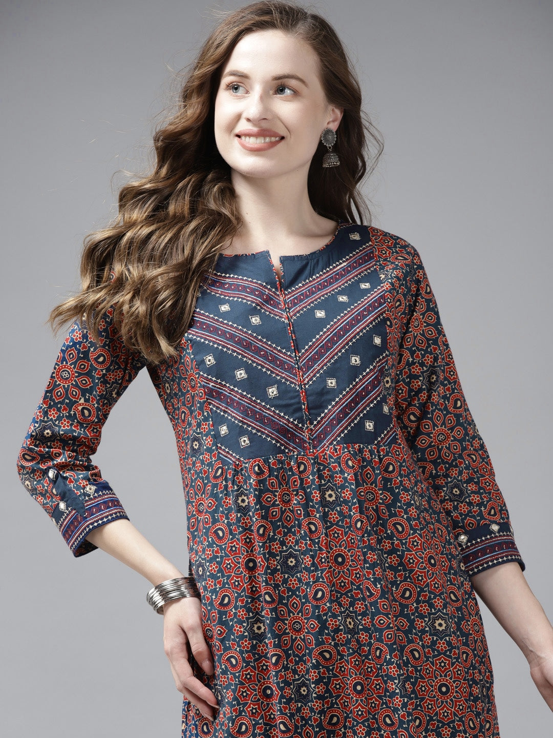 Blue & Red Ajrak Printed Kurta Set Yufta Store