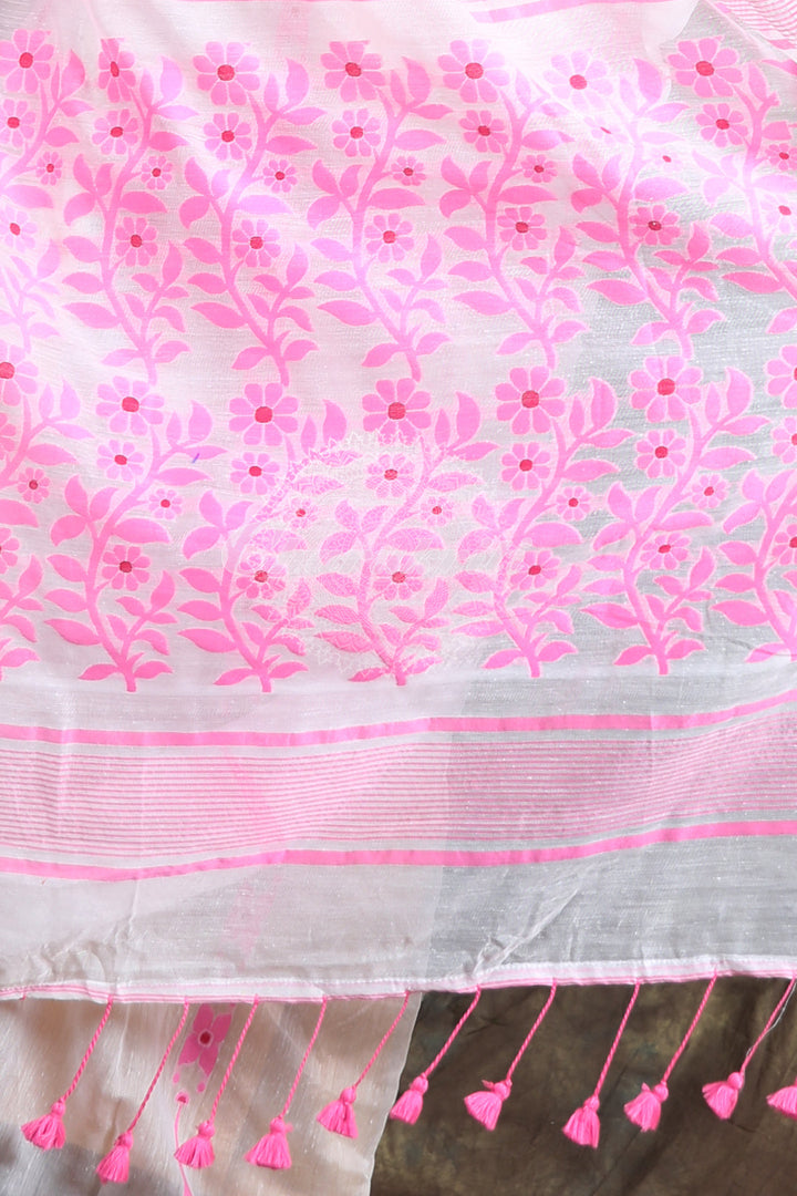 White Jamdani With Pink Thread Weaving Saree And Jhumka Pompom freeshipping - Charukriti